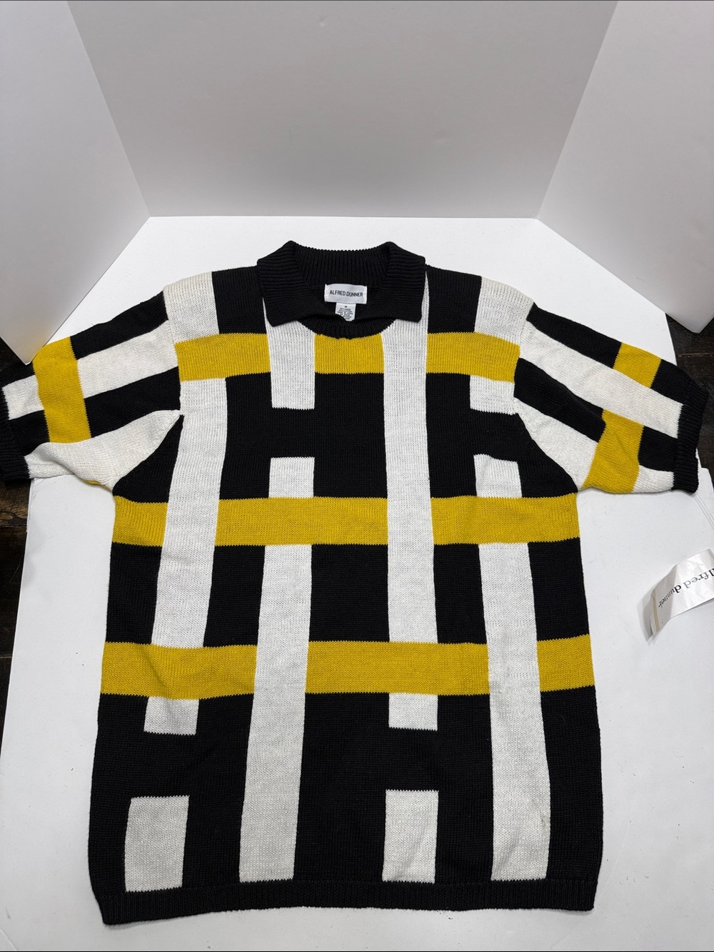 Alfred Dunner Black White Mustard Geometric Short-Sleeve Crewneck Sweater
